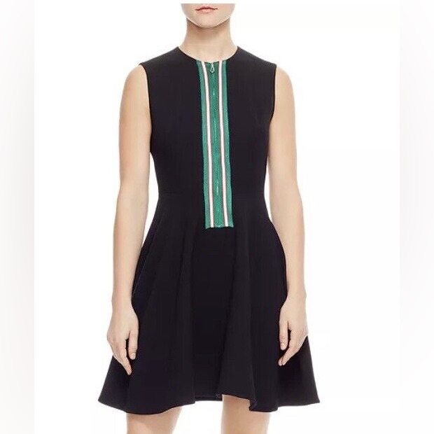 Sandro Paris Black And Green A-Line Dress Sleeveless Crew Neck